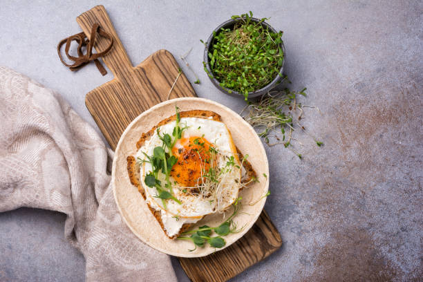 istock Sandwich with fried egg, toast, avocado, alfalfa and green pea sprouts microgreen 1387283023
