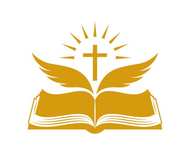Church logo. Bible and wings symbol of the holy spirit Church logo. Bible and wings symbol of the holy spirit. Flying wings on the background of an open book. Shining cross. The Word of God that came to us through the Holy Scripture. Isolated. Vector bird quotes stock illustrations