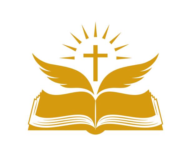 Church logo. Bible and wings symbol of the holy spirit Church logo. Bible and wings symbol of the holy spirit. Flying  wings on the background of an open book. Shining cross. The Word of God that came to us through the Holy Scripture. Isolated. Vector psalms stock illustrations