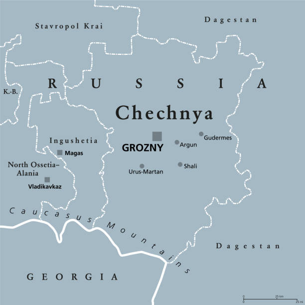 Chechnya, the Chechen Republic, gray political map, with capital Grozny Chechnya, gray political map with capital Grozny and borders. Chechen Republic, a republic of Russia, and part of the North Caucasus Federal District, situated in the North Caucasus of Eastern Europe. stavropol stavropol krai stock illustrations