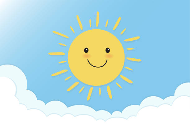 istock Cute sun smiling on blue sky background. Sun cartoon character. Vector illustration. 1387285490