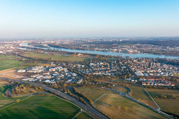 View over Rheingau at dusk - agricultural fields and vineyards