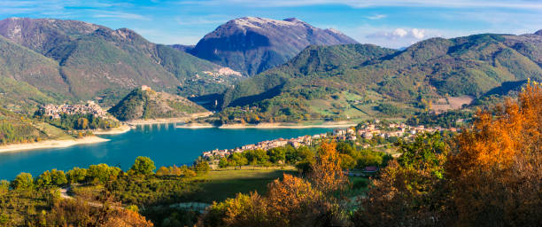 Beautiful lakes of Italy - Turano and medieval village Colle di Tora, Rieti province Beautiful lakes of Italy - Turano and medieval village Colle di Tora, Rieti province rieti stock pictures, royalty-free photos & images