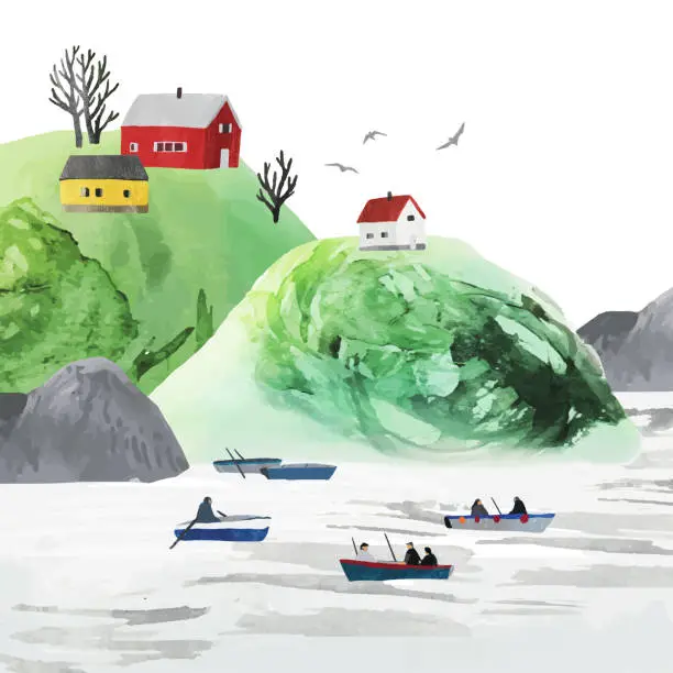 Vector illustration of Scenic vector landscape with houses on sea coast. Fishing on the boat. Outdoor recreational activity. All elements are individual objects