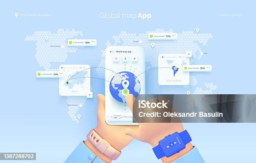 istock The hand selects a location on the map. World map user interface. Mobile application for travel and tourism. Country statistics. Global map of the world. Vector illustration 3d style 1387288702