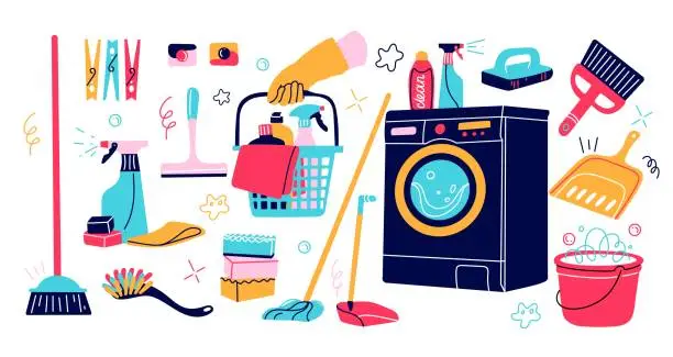 Vector illustration of Cartoon cleaning supplies. Different household goods. Washer and buckets with mops. Detergent chemicals and sponges. Housekeeper hand with basket. Scoop and broom. Vector cleanup tools set