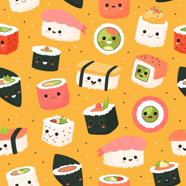 ilustraciones, imágenes clip art, dibujos animados e iconos de stock de lindo patrón de rollos de sushi sin costuras. personajes de dibujos animados de alimentos divertidos, pequeñas piezas deliciosas con caras kawaii, arroz japonés, fondo amarillo. decoración textil, papel tapiz de papel de envolver, impresión vectorial - sushi cartoon food wallpaper pattern