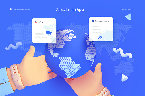 Hands Hold A Globe World Map User Interface Selecting A Location On The ...