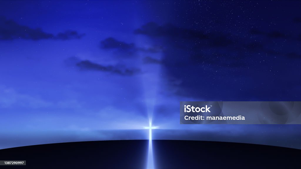 Bright cross on the hill with clouds moving on the starry sky Bright cross on the hill with clouds moving on the starry sky. Easter, resurrection, new life, redemption concept Jesus Christ Stock Photo