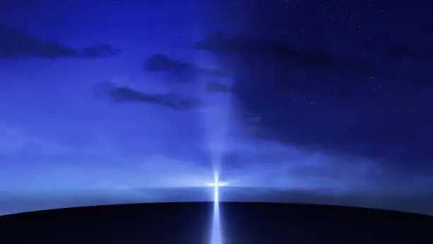 Bright cross on the hill with clouds moving on the starry sky. Easter, resurrection, new life, redemption concept