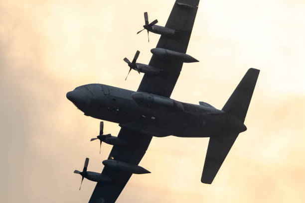 военный самолет lockheed c-130 hercules летает в воздухе во время заката - lockheed c 130 hercules military airplane military british military стоковые фото и изображения