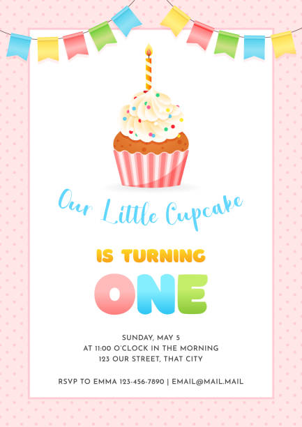 illustrazioni stock, clip art, cartoni animati e icone di tendenza di modello di biglietto d'invito di compleanno per la festa dei bambini - first birthday