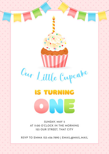 어린이 파티를위한 생일 초대 카드 템플릿 - first birthday stock illustrations