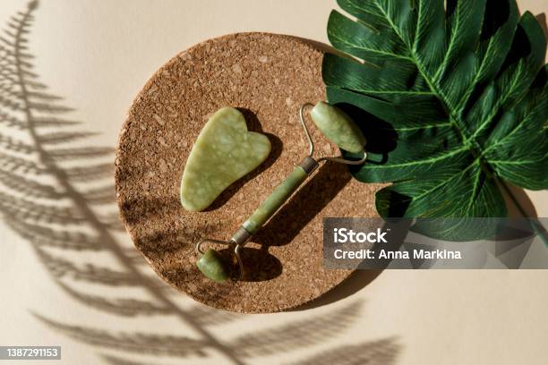 Jade Gua Sha Scraper And Face Roller Massager On A Cork Round Stand With A Monstera Leaf Stock Photo - Download Image Now