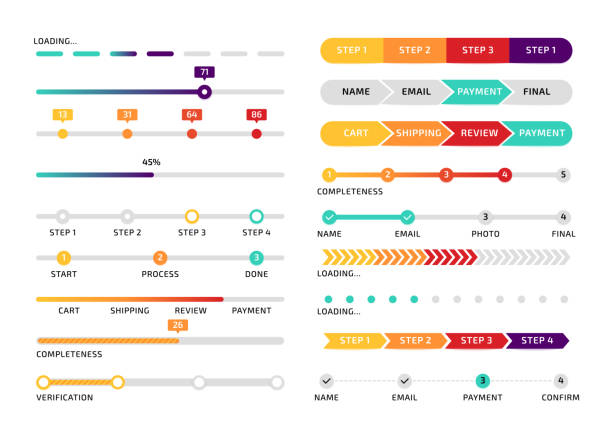 pasek postępu. krok proces projektowania wskaźnika graficznego, element interfejsu abstrakcyjnego aplikacji, etap pobierania koloru strony internetowej. wektorowy zestaw infografik - scale stock illustrations