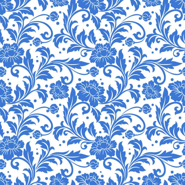 Vector illustration of Blue monochrome  flower ornament seamless pattern.