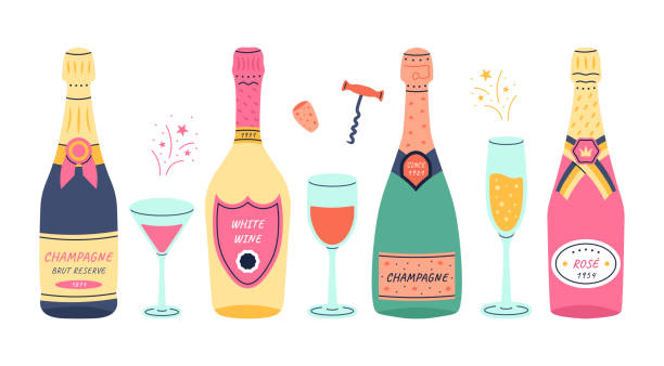 illustrazioni stock, clip art, cartoni animati e icone di tendenza di bottiglie di vino con bicchieri. doodle champagne e prosecco bottiglie di vetro vintage di spumante bianco e rosso, bicchieri da vacanza e da sposa. set vettoriale - prosecco