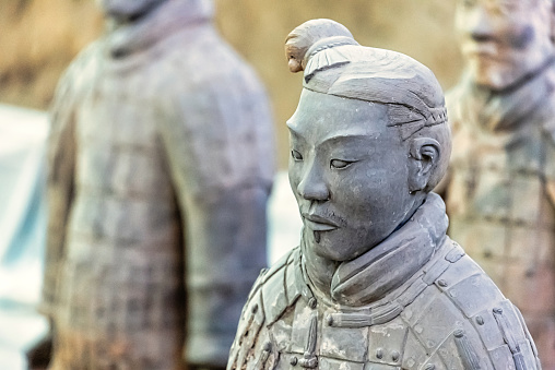 Excavated sculptures statues of the terracota army soldiers of Qin Shi Huang emperor, Xian, Shaanxi, China