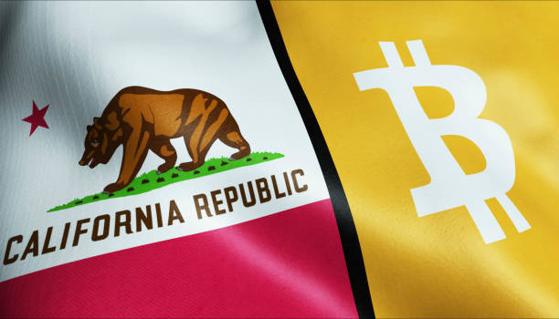 3D Waving California and Bitcoin Flag stock photo