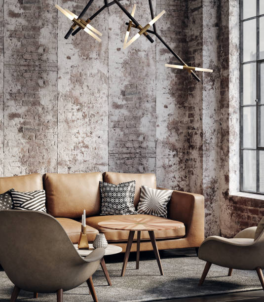 living room interior in loft, industrial style - industrial interior imagens e fotografias de stock