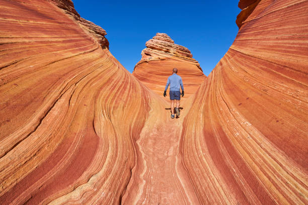 Hiker Exploring The Famous Wave of Coyote Buttes North in the Paria Canyon-Vermilion Cliffs Wilderness of the Colorado Plateau in Southern Utah and Northern Arizona USA Hiker exploring the famous Wave of Coyote Buttes North in the Paria Canyon-Vermilion Cliffs Wilderness of the Colorado Plateau in southern Utah and northern Arizona USA. the wave arizona stock pictures, royalty-free photos & images