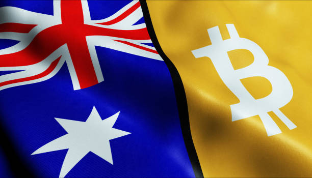 3D Waving Australia and Bitcoin Flag stock photo