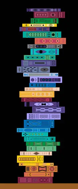 Vector illustration of Stack of colorful books on black background. Pile of books vector illustration. Vertical banner, background, template