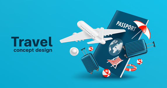 Airplane flying in front of the passport and there was a suitcase with beach lounging gear floating beside it for travel summer concept design,vector 3d isolated for air freight and travel advertising