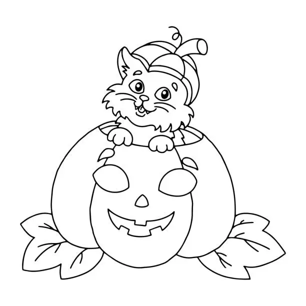 Vector illustration of Cute cat sits in a pumpkin. Halloween theme. Coloring book page for kids. Cartoon style. Vector illustration isolated on white background.