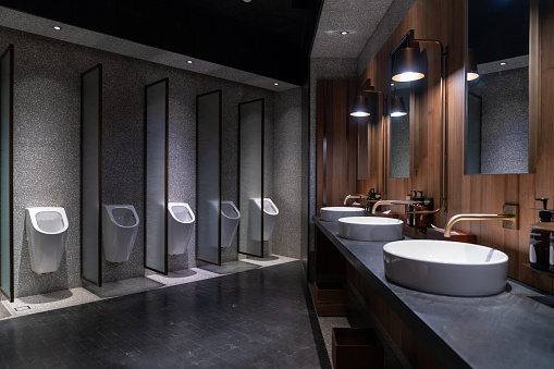 Contemporary interior of public toilet with walnut wall finishes and elegant glass partitions