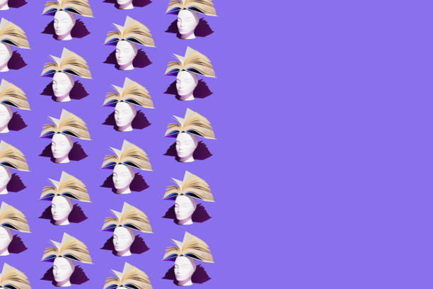 istock Seamless pattern of human head with open book on purple background. Isometric view, copy space. Surreal, education, study and knowledge concept. Isometric view, copy space. 1387302111