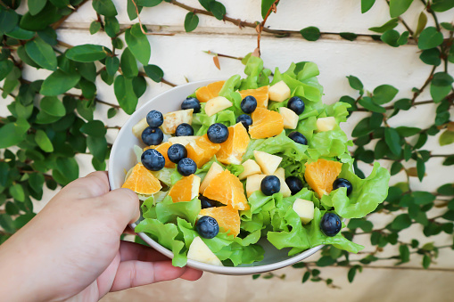 fruit and vegetable salad or blueberry , apple and orange salad with lettuce for serve