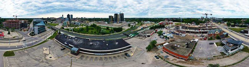 An aerial panorama of Kitchener, Ontario, Canada of multiple construction projects