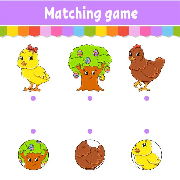 Vector illustration of Matching game for kids. Education developing worksheet. Draw a line. Easter theme. Activity page. cartoon character. Vector illustration.