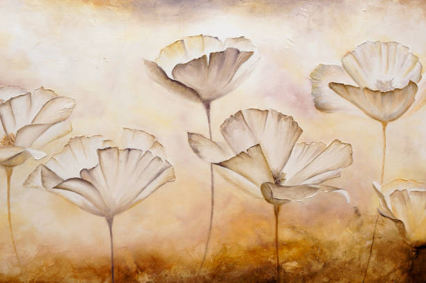 istock Painting poppies white color with texture in canvas 1387307416