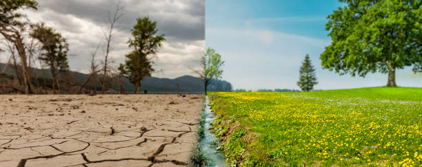 istock Climate change from drought to green landscape 1387308777