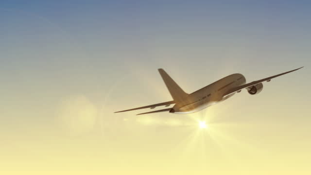 Modern Passenger airplane flight in sunset