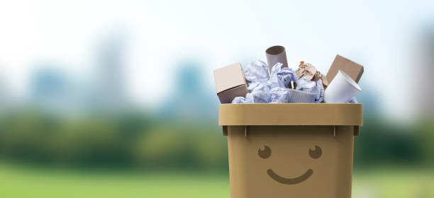 Cute smiling recycling bin character full of paper waste, separate waste collection concept