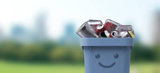 Cute smiling trash bin character full of metal waste, recycling and separate waste collection concept