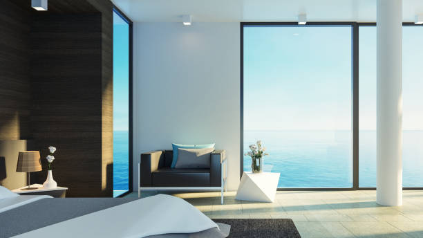 istock Modern Luxury Bedroom Sea View - 3D Rendering 1387310028