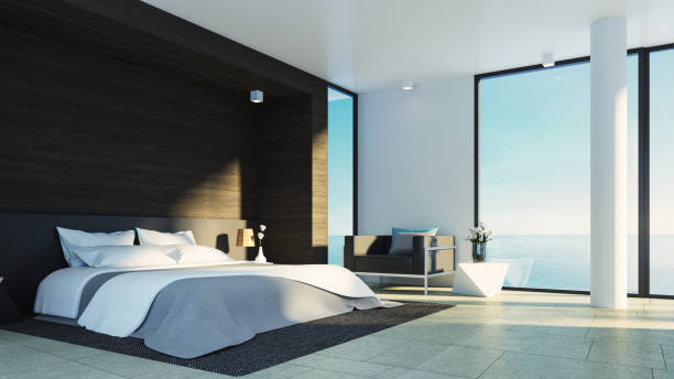 istock Modern Luxury Bedroom Sea View - 3D Rendering 1387310138