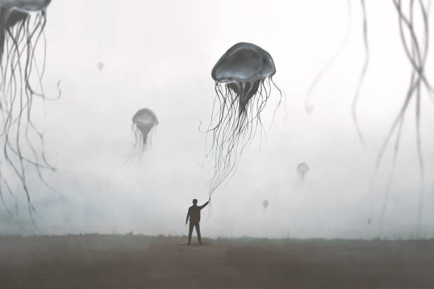 Illustration of man holding big jellyfish blowing in the air among many others, abstract fantastic dreamy concept vector art illustration