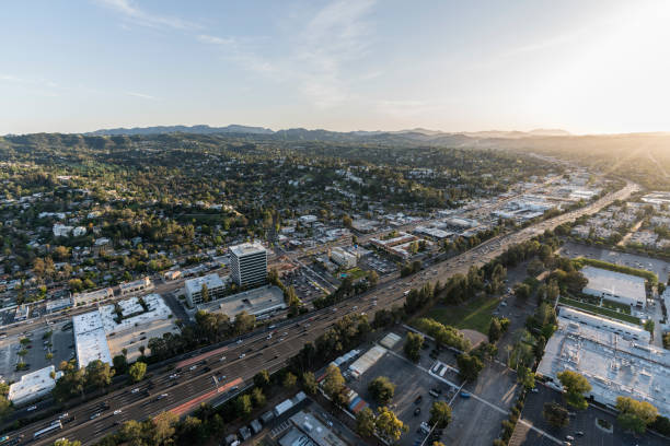 Los Angeles Woodland Hills Ventura 101 Freeway Aerial stock photo