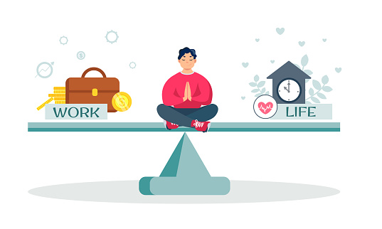A man balances between work and life. Career or family relationships. Choice. Vector illustration in cartoon style