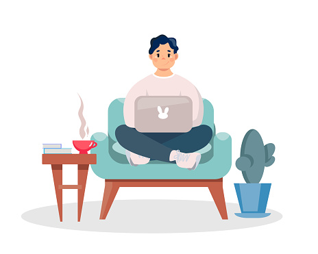 A man is sitting in an armchair with a laptop. A male freelancer. Work at home. Online training, trainings, courses, remote work. Vector illustration in cartoon style