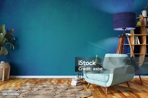 istock Cozy Interior with Empty Green Blue Wall and Armchair 1387315186