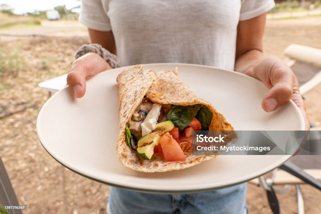 Young woman holding a Vegan wrap in a plate Camping outdoors concept, veggie wrap Wrap Sandwich Stock Photo