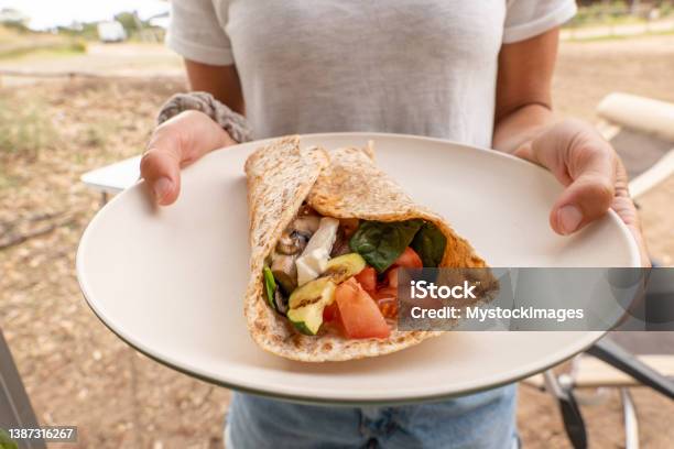 Young Woman Holding A Vegan Wrap In A Plate Stock Photo - Download Image Now - Wrap Sandwich, Wrapping Paper, Vegetarian Food