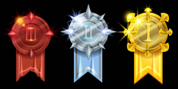 istock Game medal badge kit, vector award UI icon set, golden bronze silver achievement trophy, rank prize. 1387319224