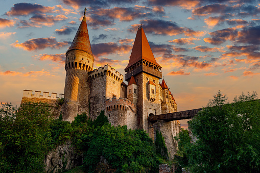 Hunedoara, Hunedoara, Romania - July 30, 2021: The Hunedoara Castle in Romania